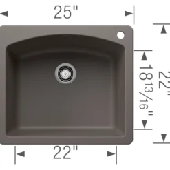Blanco Diamond 25" Dual Mount Silgranit Kitchen Sink, Volcano Gray, 1 Faucet Hole, 443097