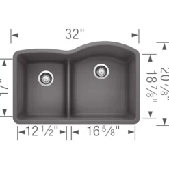 Blanco Diamond 32" Undermount Granite Composite Kitchen Sink, Silgranit, 40/60 Double Bowl, Cinder, 441600
