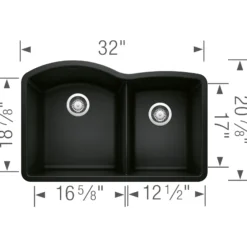 Blanco Diamond 32" Undermount Granite Composite Kitchen Sink, Silgranit, 60/40 Double Bowl, Coal Black, 442909