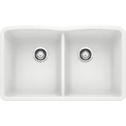 Blanco Diamond 32" Undermount Granite Composite Kitchen Sink, Silgranit, 50/50 Double Bowl, White, 440185