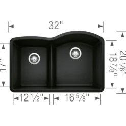 Blanco Diamond 32" Undermount Granite Composite Kitchen Sink, Silgranit, 40/60 Double Bowl, Coal Black, 442911