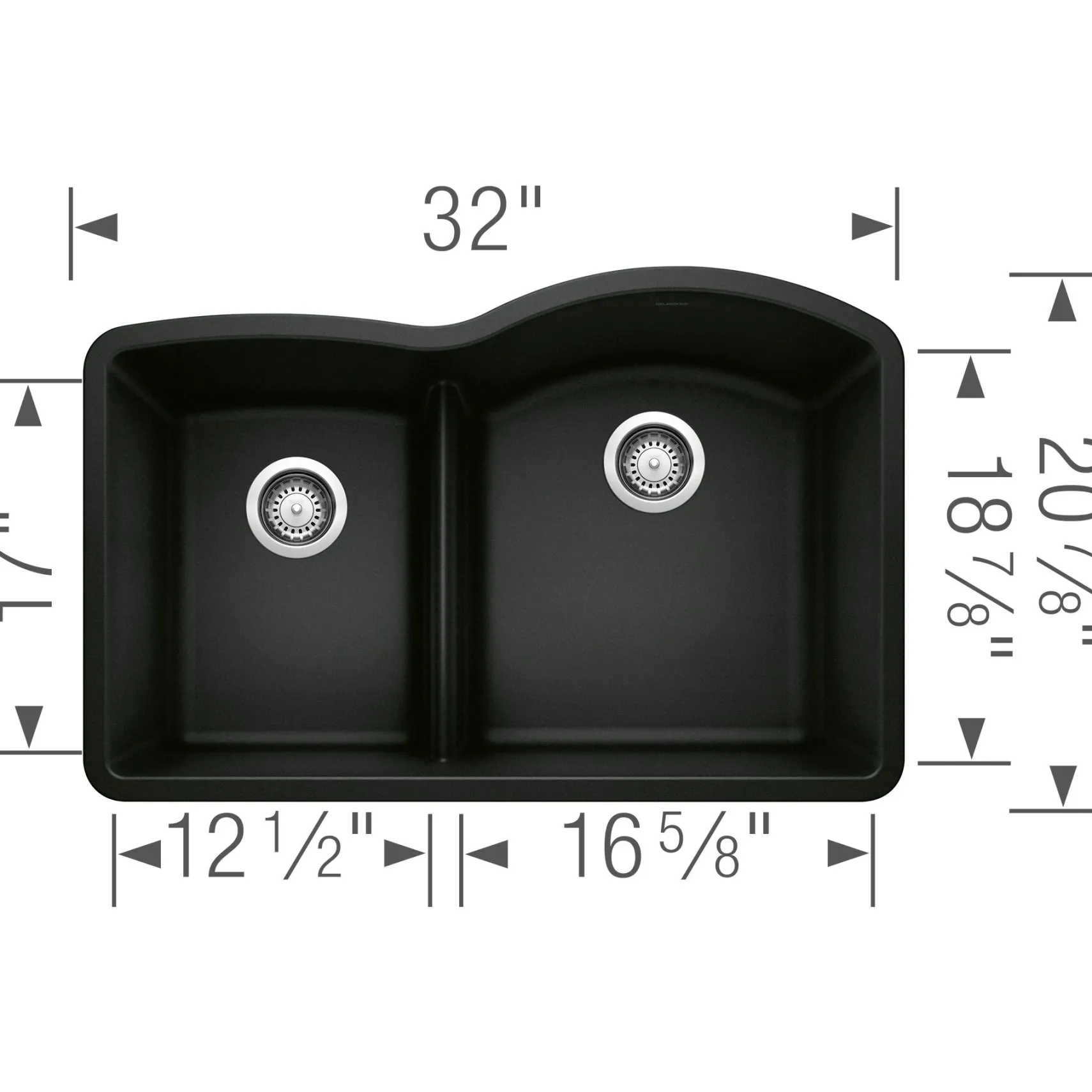 Blanco Diamond 32" Undermount Granite Composite Kitchen Sink, Silgranit, 40/60 Double Bowl, Coal Black, 442911
