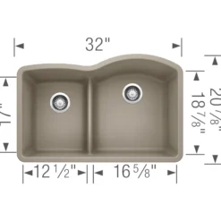 Blanco Diamond 32" Undermount Granite Composite Kitchen Sink, Silgranit, 40/60 Double Bowl, Truffle, 441608