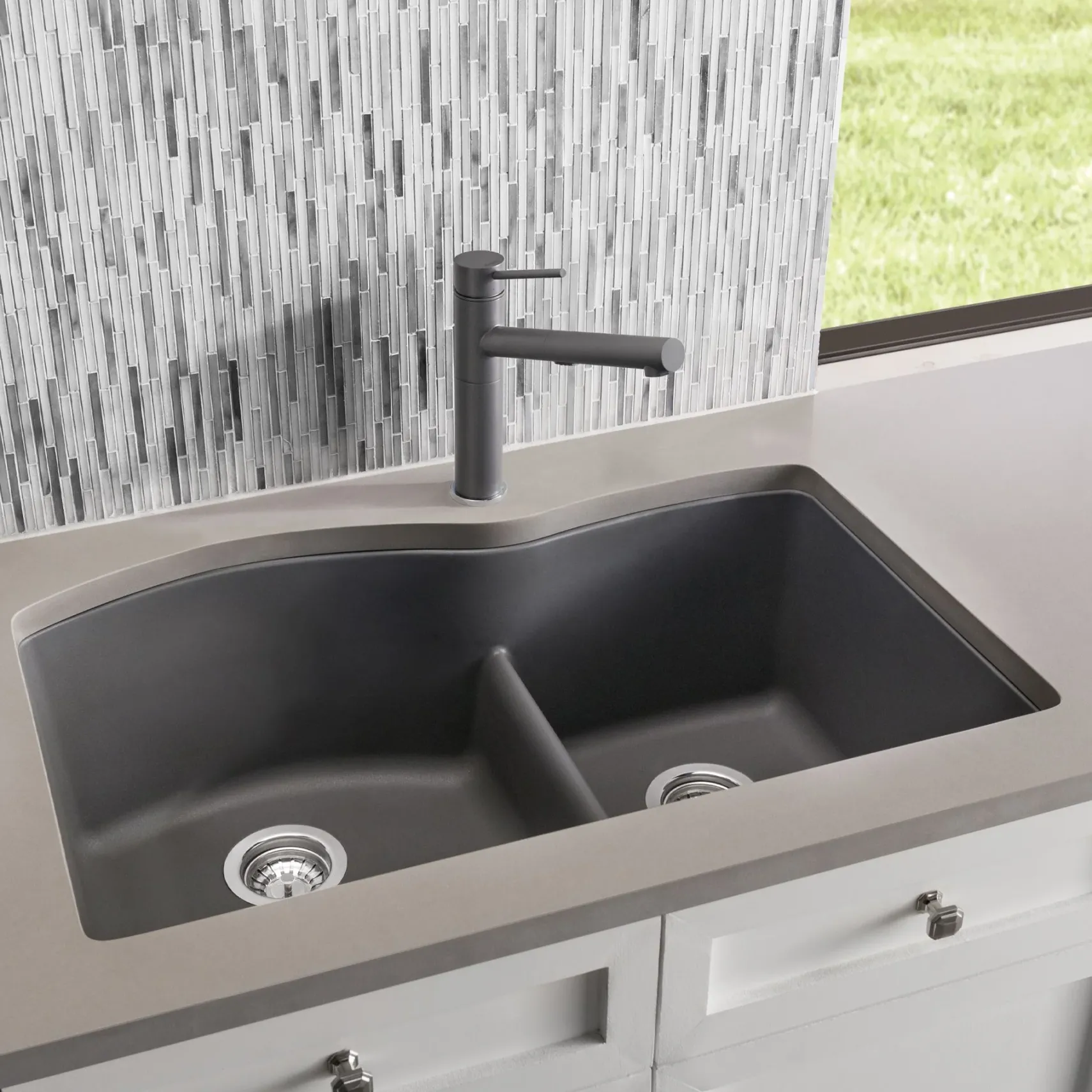 Blanco Diamond 32" Undermount Granite Composite Kitchen Sink, Silgranit, 60/40 Double Bowl, Cinder, 441591
