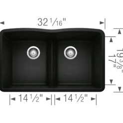 Blanco Diamond 32" Undermount Granite Composite Kitchen Sink, Silgranit, 50/50 Double Bowl, Coal Black, 442914
