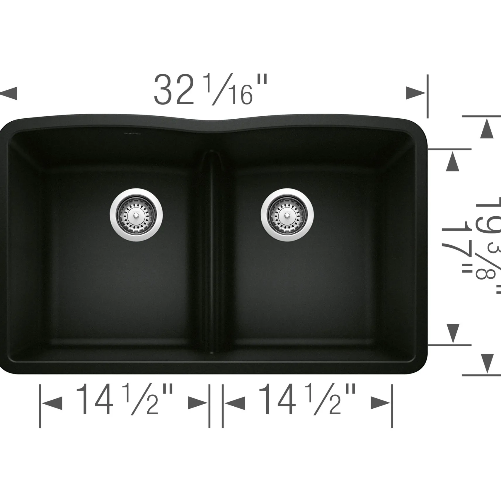 Blanco Diamond 32" Undermount Granite Composite Kitchen Sink, Silgranit, 50/50 Double Bowl, Coal Black, 442914
