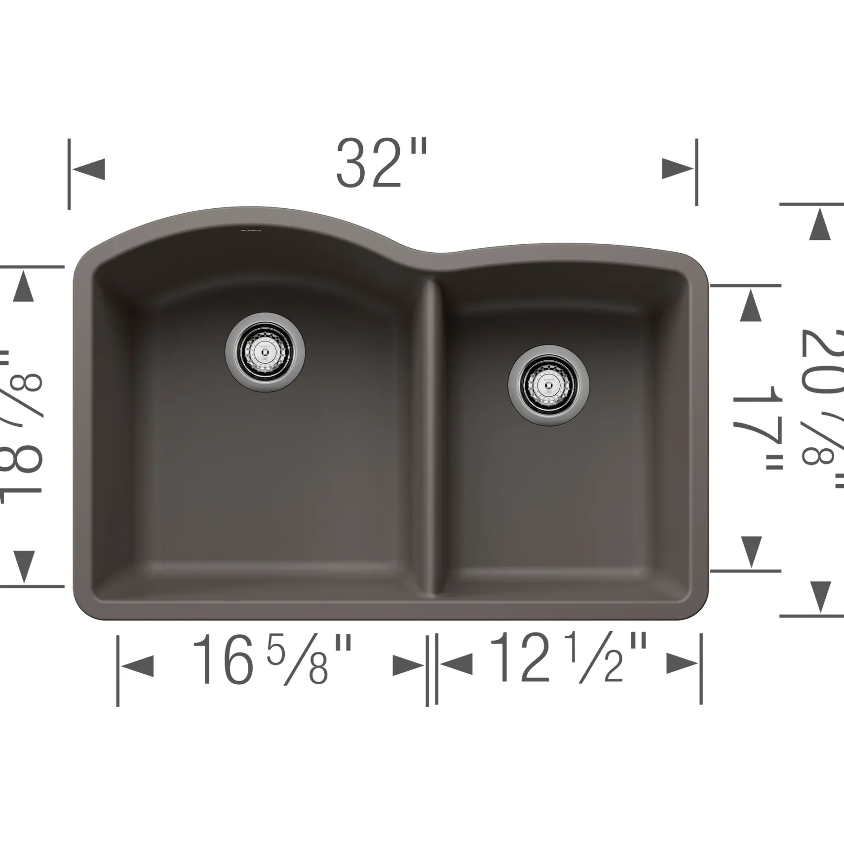 Blanco Diamond 32" Undermount Silgranit Kitchen Sink, 60/40 Double Bowl, Volcano Gray, No Faucet Hole, 443101