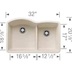 Blanco Diamond 32" Undermount Silgranit Kitchen Sink, 60/40 Double Bowl, Soft White, No Faucet Hole, 443065