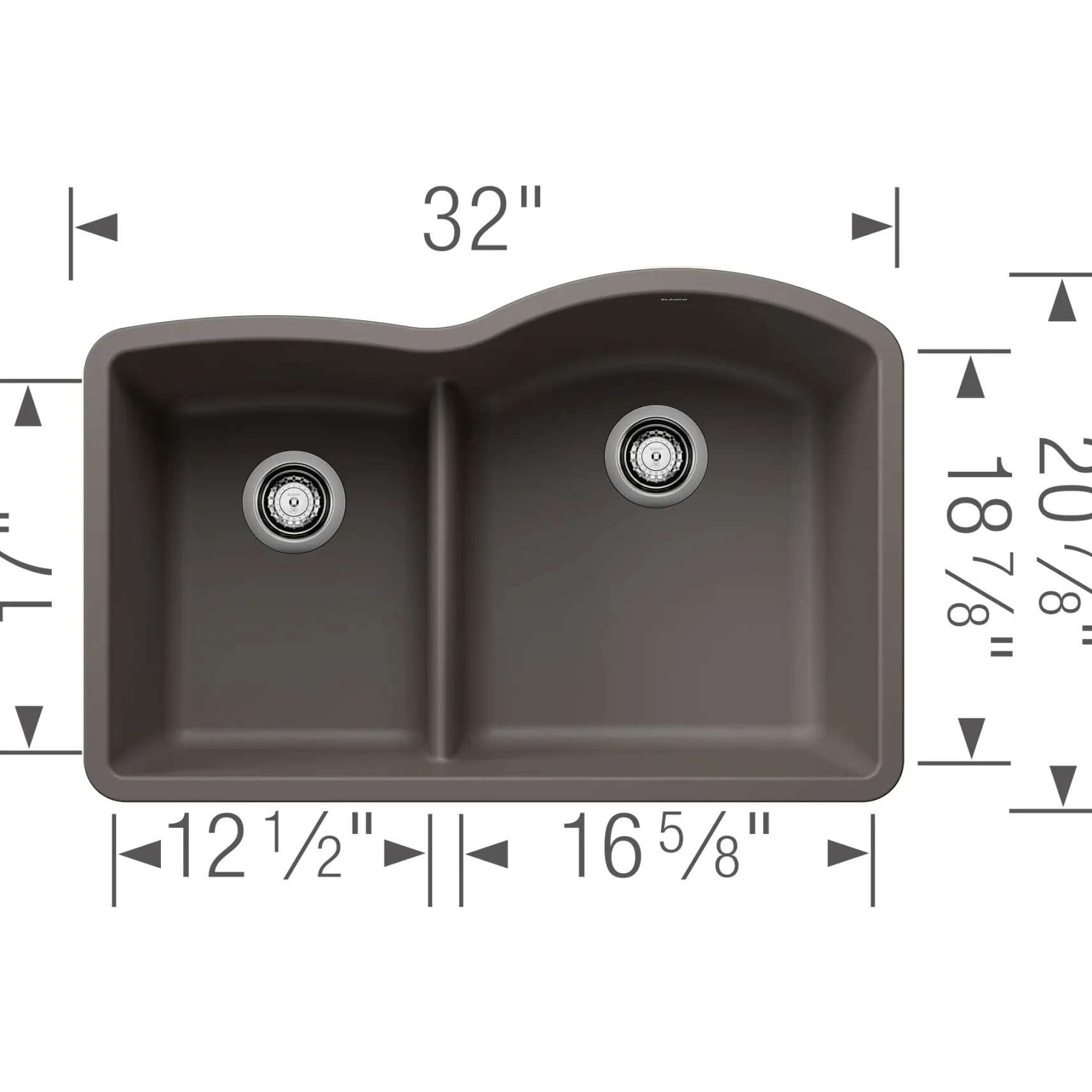 Blanco Diamond 32" Undermount Silgranit Kitchen Sink, 60/40 Double Bowl, Volcano Gray, No Faucet Hole, 443103