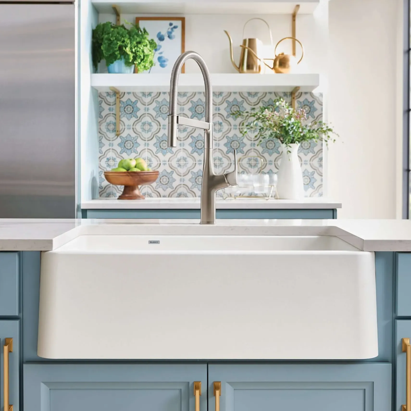 Blanco Ikon 33" Granite Composite Farmhouse Sink, Silgranit, 60/40 Double Bowl, White, 402324