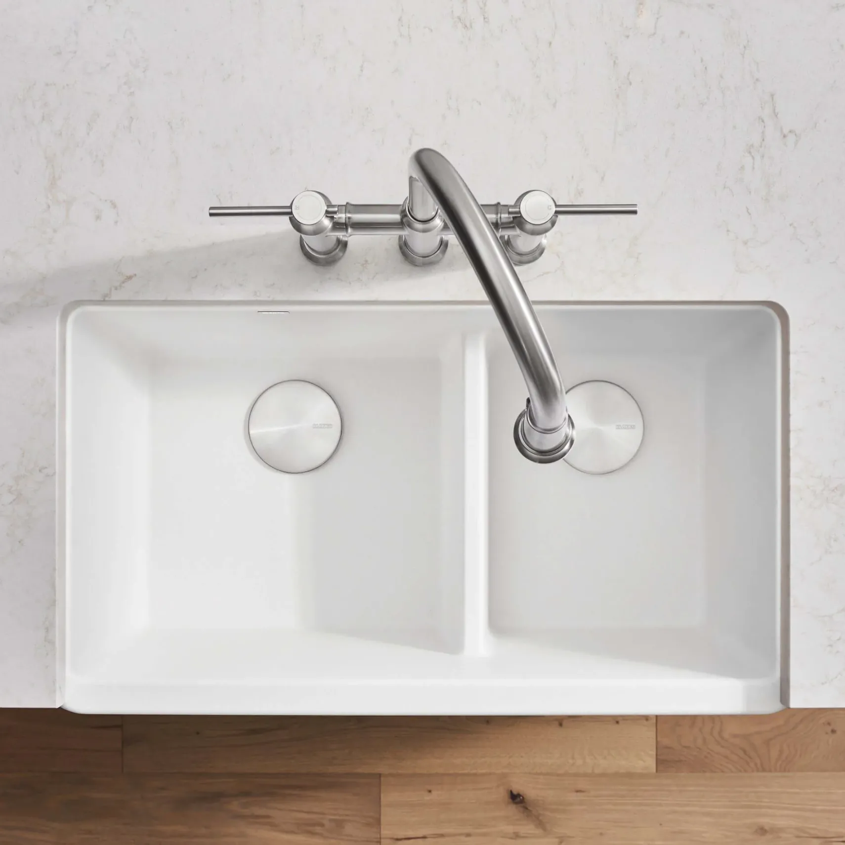 Blanco Ikon 33" Granite Composite Farmhouse Sink, Silgranit, 60/40 Double Bowl, White, 402324