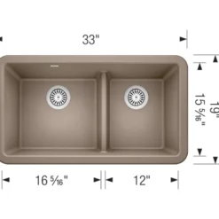 Blanco Ikon 33" Granite Composite Farmhouse Sink, Silgranit, 60/40 Double Bowl, Truffle, 402329