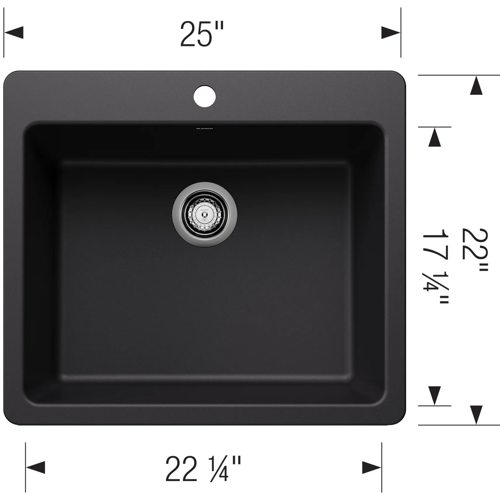 Blanco Liven 25" Dual Mount Silgranit Kitchen Sink, Coal Black, 1 Faucet Hole, 443218