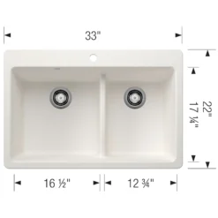 Blanco Liven 33" Dual Mount Silgranit Kitchen Sink, 60/40 Double Bowl, White, 1 Faucet Hole, 443213