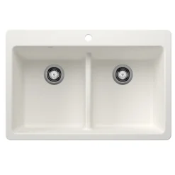 Blanco Liven 33" Dual Mount Silgranit Kitchen Sink, 50/50 Double Bowl, White, 1 Faucet Hole, 443205