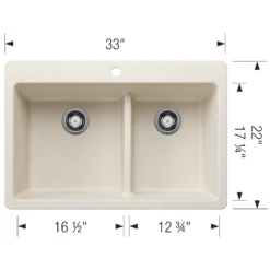 Blanco Liven 33" Dual Mount Silgranit Kitchen Sink, 60/40 Double Bowl, Soft White, 1 Faucet Hole, 443217