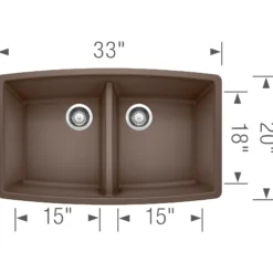 Blanco Performa 33" Undermount Granite Composite Kitchen Sink, Silgranit, 50/50 Double Bowl, Cafe, 440068