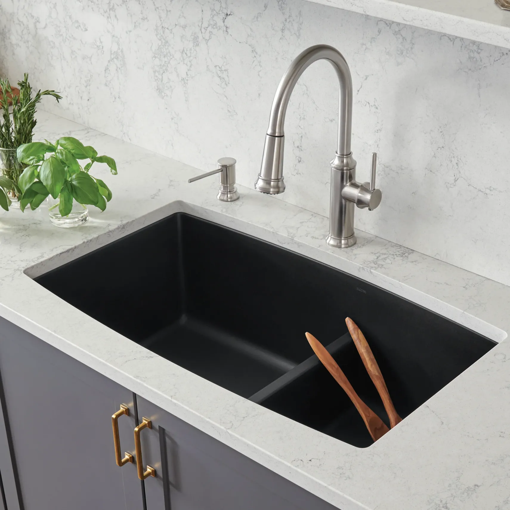 Blanco Performa 33" Undermount Granite Composite Kitchen Sink, Silgranit, 60/40 Double Bowl, Coal Black, 442939