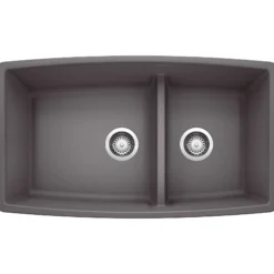 Blanco Performa 33" Undermount Granite Composite Kitchen Sink, Silgranit, 60/40 Double Bowl, Cinder, 441474