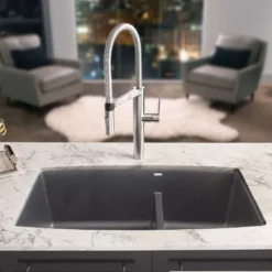 Blanco Performa 33" Undermount Granite Composite Kitchen Sink, Silgranit, 60/40 Double Bowl, Cinder, 441474