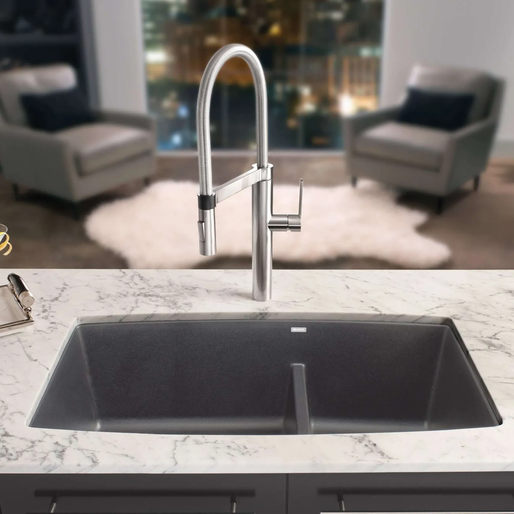 Blanco Performa 33" Undermount Granite Composite Kitchen Sink, Silgranit, 60/40 Double Bowl, Cinder, 441474