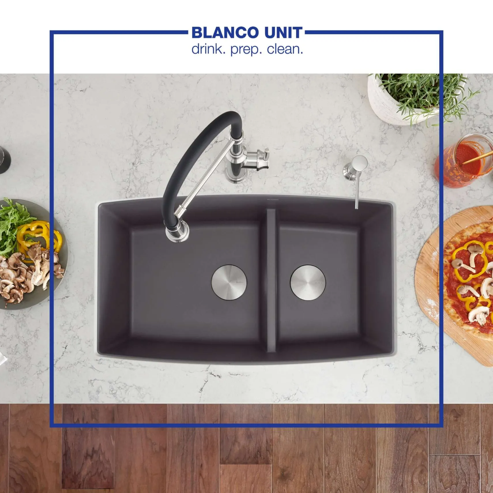 Blanco Performa 33" Undermount Granite Composite Kitchen Sink, Silgranit, 60/40 Double Bowl, Cinder, 441474