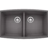 Blanco Performa 33" Undermount Granite Composite Kitchen Sink, Silgranit, 50/50 Double Bowl, Cinder, 441473