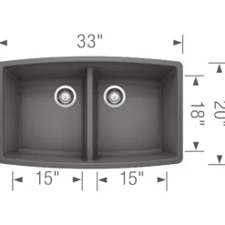 Blanco Performa 33" Undermount Granite Composite Kitchen Sink, Silgranit, 50/50 Double Bowl, Cinder, 441473