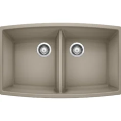 Blanco Performa 33" Undermount Granite Composite Kitchen Sink, Silgranit, 50/50 Double Bowl, Truffle, 441290