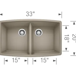 Blanco Performa 33" Undermount Granite Composite Kitchen Sink, Silgranit, 50/50 Double Bowl, Truffle, 441290