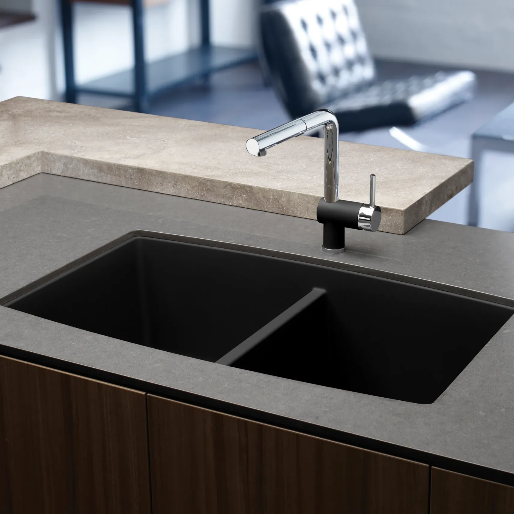 Blanco Performa 33" Undermount Granite Composite Kitchen Sink, Silgranit, 50/50 Double Bowl, Anthracite, 440069