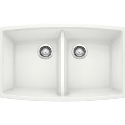 Blanco Performa 33" Undermount Granite Composite Kitchen Sink, Silgranit, 50/50 Double Bowl, White, 440071