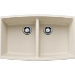 Blanco Performa 33" Undermount Silgranit Kitchen Sink, 50/50 Double Bowl, Soft White, No Faucet Hole, 443086