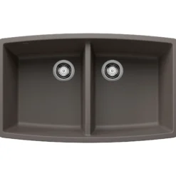 Blanco Performa 33" Undermount Silgranit Kitchen Sink, 50/50 Double Bowl, Volcano Gray, No Faucet Hole, 443123