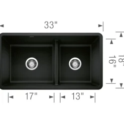 Blanco Precis 33" Undermount Granite Composite Kitchen Sink, Silgranit, 60/40 Double Bowl, Coal Black, 442925
