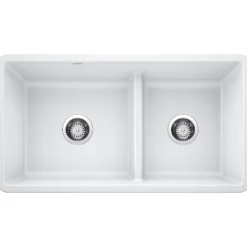 Blanco Precis 33" Undermount Granite Composite Kitchen Sink, Silgranit, 60/40 Double Bowl, White, 442524