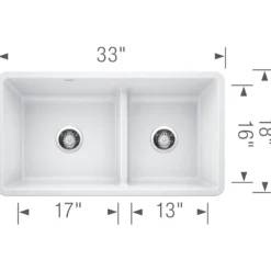 Blanco Precis 33" Undermount Granite Composite Kitchen Sink, Silgranit, 60/40 Double Bowl, White, 442524
