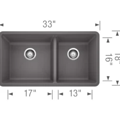 Blanco Precis 33" Undermount Granite Composite Kitchen Sink, Silgranit, 60/40 Double Bowl, Cinder, 441479
