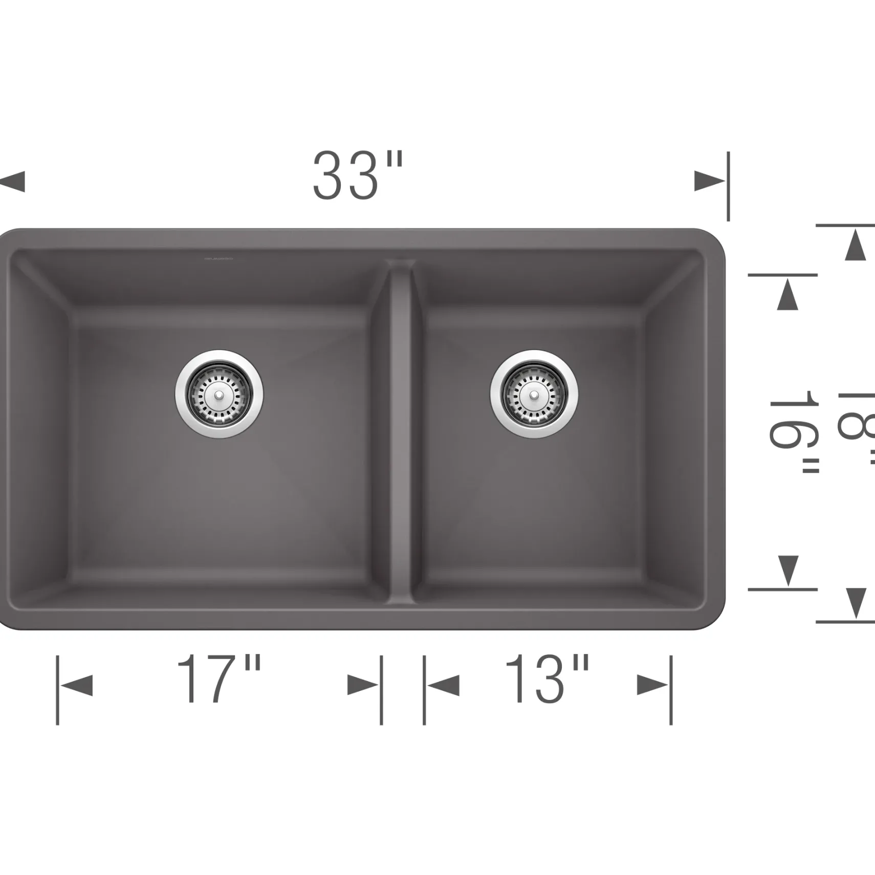 Blanco Precis 33" Undermount Granite Composite Kitchen Sink, Silgranit, 60/40 Double Bowl, Cinder, 441479