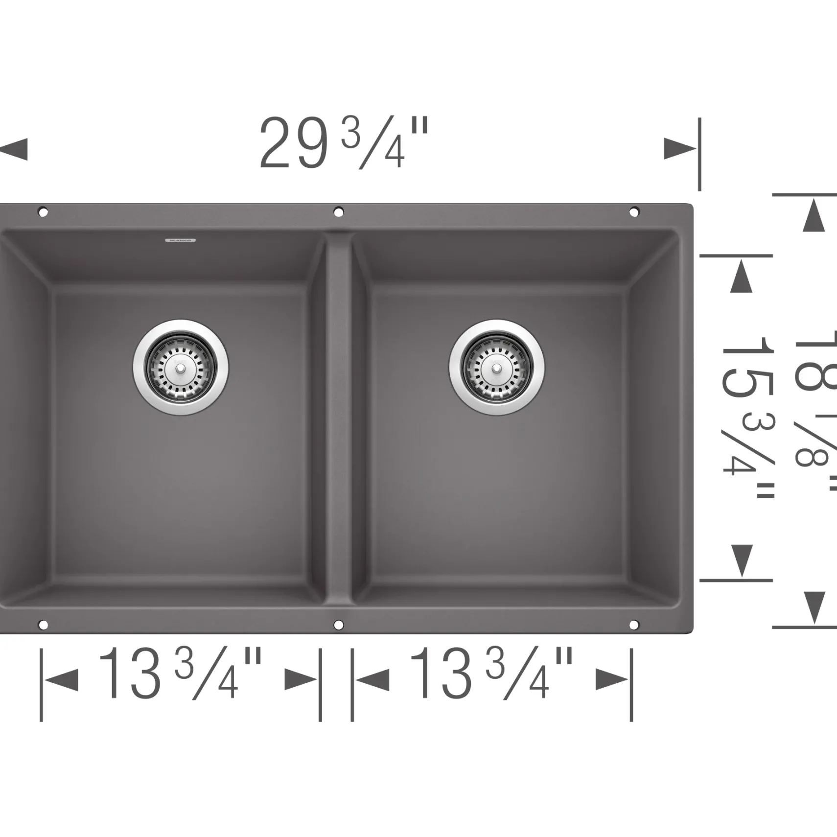 Blanco Precis 30" Undermount Granite Composite Kitchen Sink, Silgranit, 50/50 Double Bowl, Cinder, 519050