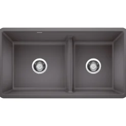 Blanco Precis 33" Undermount Granite Composite Kitchen Sink, Silgranit, 60/40 Double Bowl, Cinder, 442521
