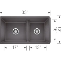 Blanco Precis 33" Undermount Granite Composite Kitchen Sink, Silgranit, 60/40 Double Bowl, Cinder, 442521