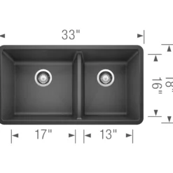 Blanco Precis 33" Undermount Granite Composite Kitchen Sink, Silgranit, 60/40 Double Bowl, Anthracite, 441128