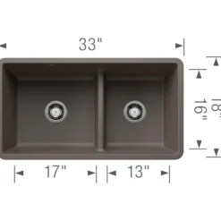 Blanco Precis 33" Undermount Silgranit Kitchen Sink, 60/40 Double Bowl, Volcano Gray, No Faucet Hole, 443117
