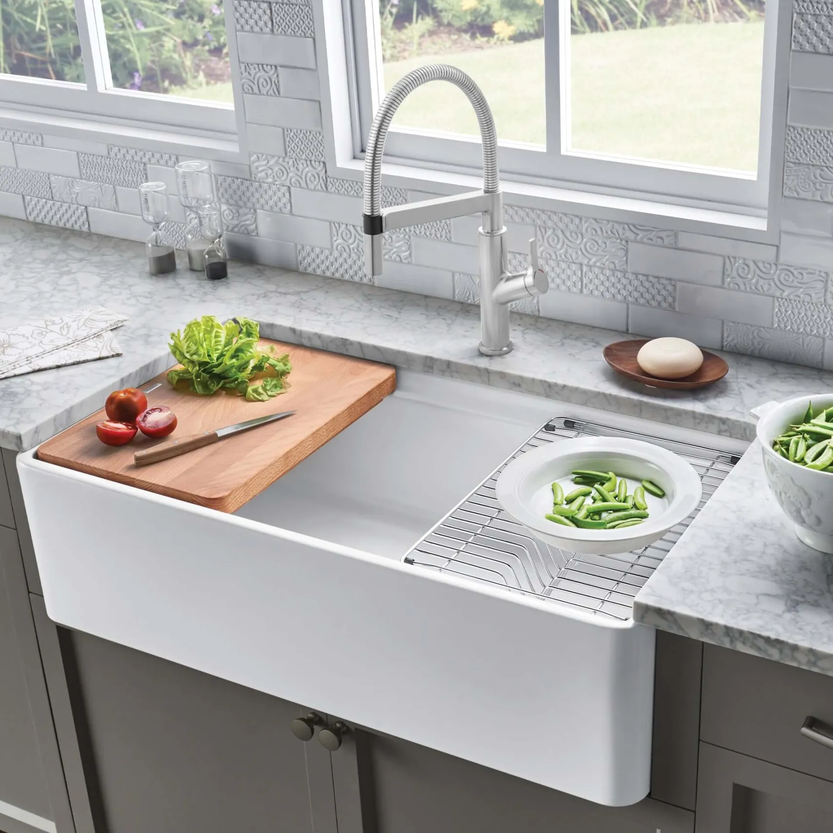 Blanco Profina 36" Fireclay Workstation Farmhouse Sink with Accessories, White, 523026