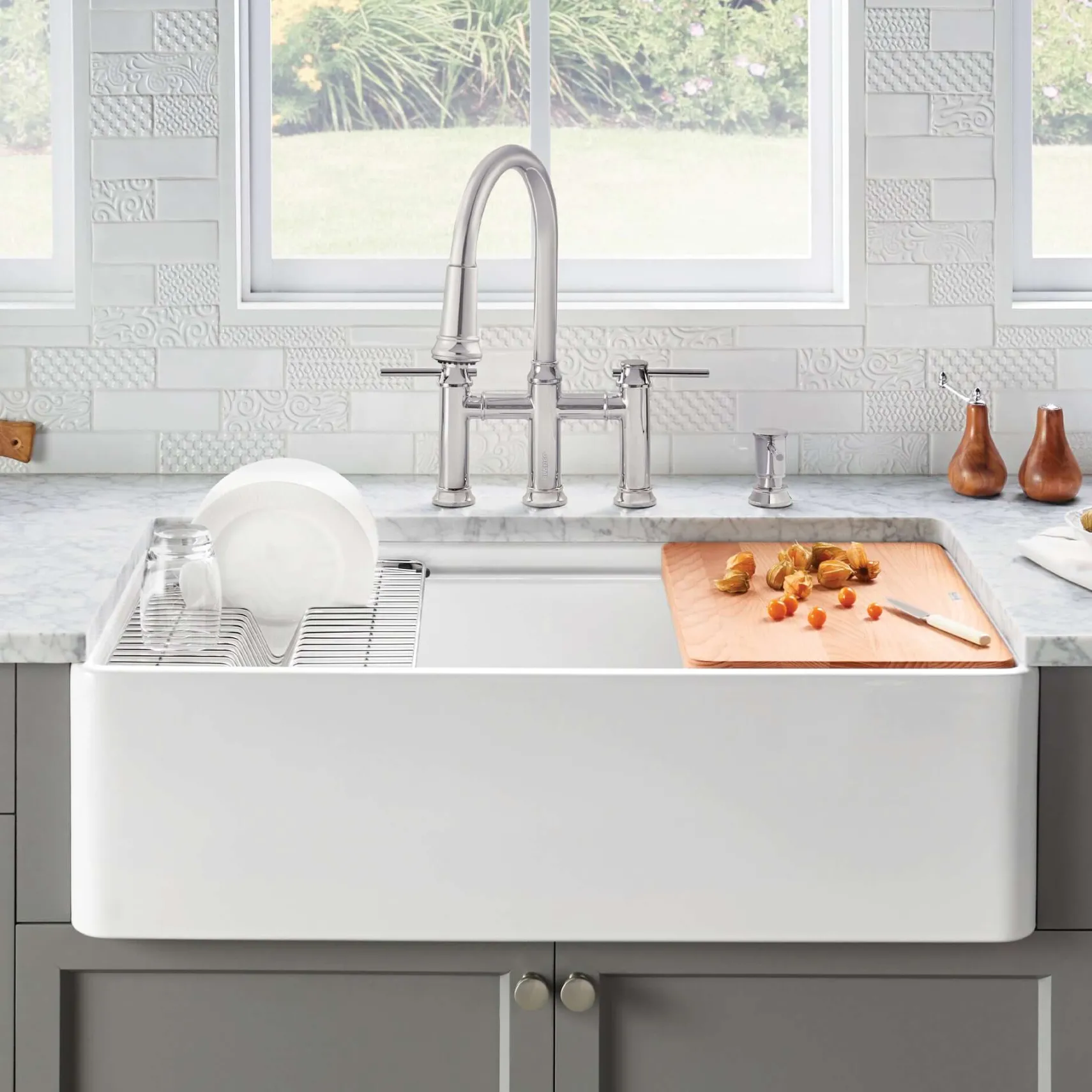 Blanco Profina 36" Fireclay Workstation Farmhouse Sink with Accessories, White, 523026