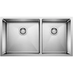 Blanco Quatrus 33" Undermount Stainless Steel Kitchen Sink, 60/40 Double Bowl, Satin Polish, 18 Gauge, No Faucet Hole, 443150