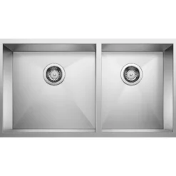 Blanco Quatrus 33" Undermount Stainless Steel Kitchen Sink, 60/40 Double Bowl, Satin Polish, 18 Gauge, No Faucet Hole, 443054