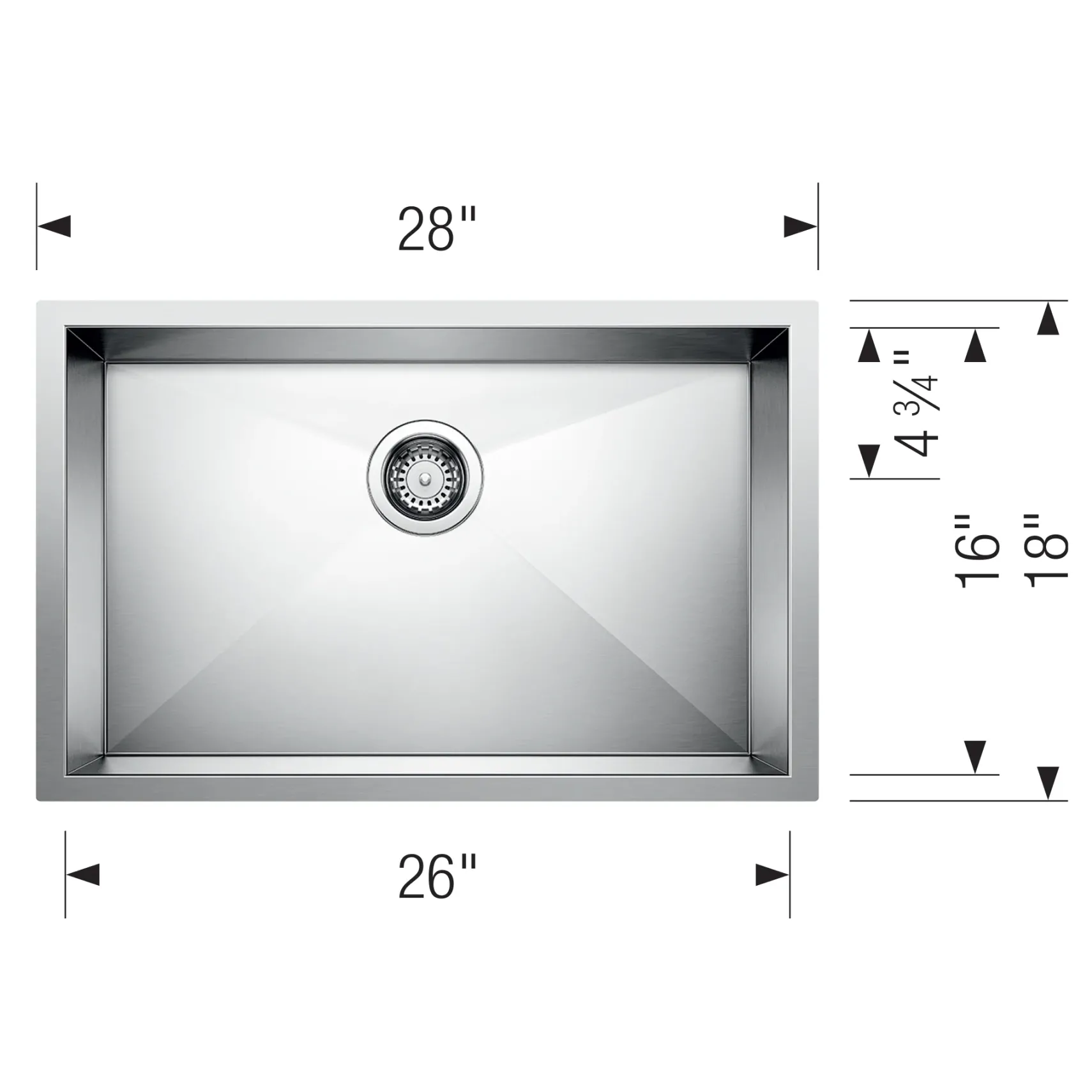 Blanco Quatrus 28" Undermount Stainless Steel Kitchen Sink, Satin Polish, 18 Gauge, No Faucet Hole, 443048