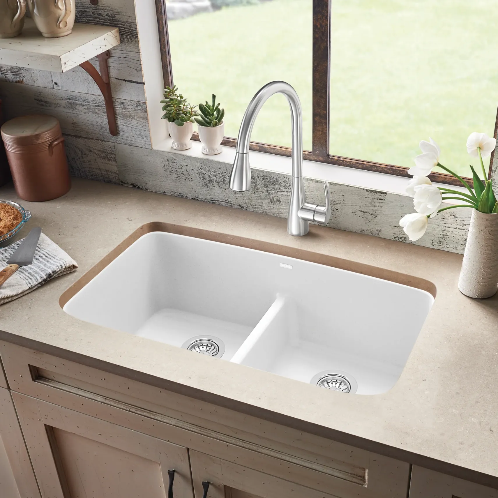 Blanco Valea 32" Undermount Granite Composite Kitchen Sink, Silgranit, 50/50 Double Bowl, White, 442199